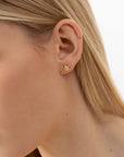 supernova gold earrings, golden stud earrings, 925 silver earrings, 18k gold plated, cubric zirconia, stone, hypoallergenic, close-up