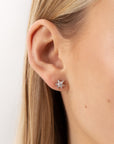 supernova silver earrings, silver stud earrings, 925 silver earrings, rhodium plated, cubric zirconia, stone, hypoallergenic, close-up