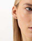 supernova silver earrings, silver stud earrings, 925 silver earrings, rhodium plated, cubric zirconia, stone, hypoallergenic, second close-up