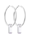 silver earrings, large hoop earrings, stone through hoops, white background.