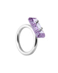 ring, through stone, silver, big purple eco stone, white background.