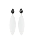 transparent rubber, large earrings , drop shaped rosewood, white background.