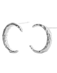 luna silver earrings, silver stud earrings, 925 silver earrings, rhodium plated, moon shape, hypoallergenic, close-up