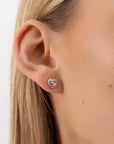 heart shaped earrings, silver stud earrings, 925 silver earrings, rhodium plated, hypoallergenic, detail