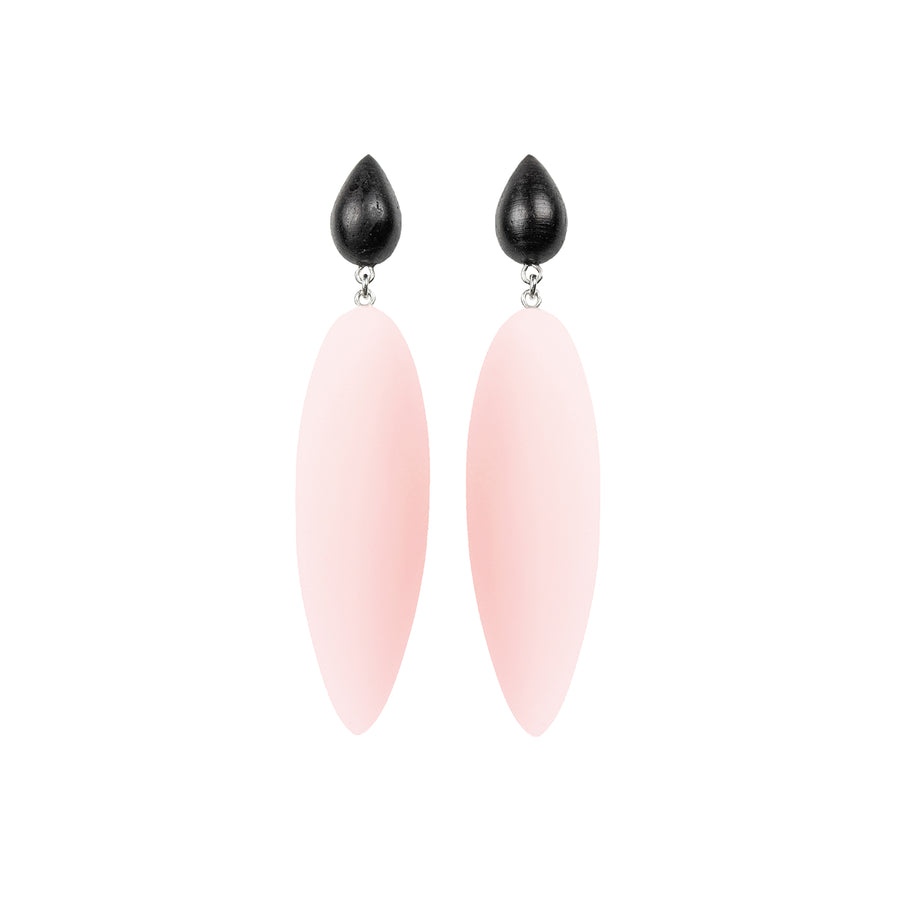 Nymphe stud earrings, pink rubber, sterling silver, pear shaped rosewood, white background.
