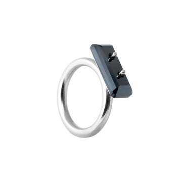 ring, through stone, silver, big black eco stone, white background.