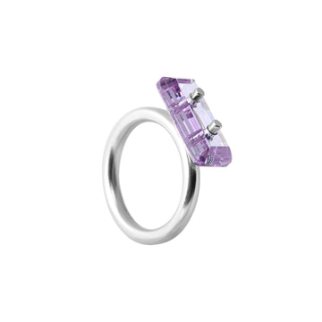 ring, through stone, silver, big purple eco stone, white background.